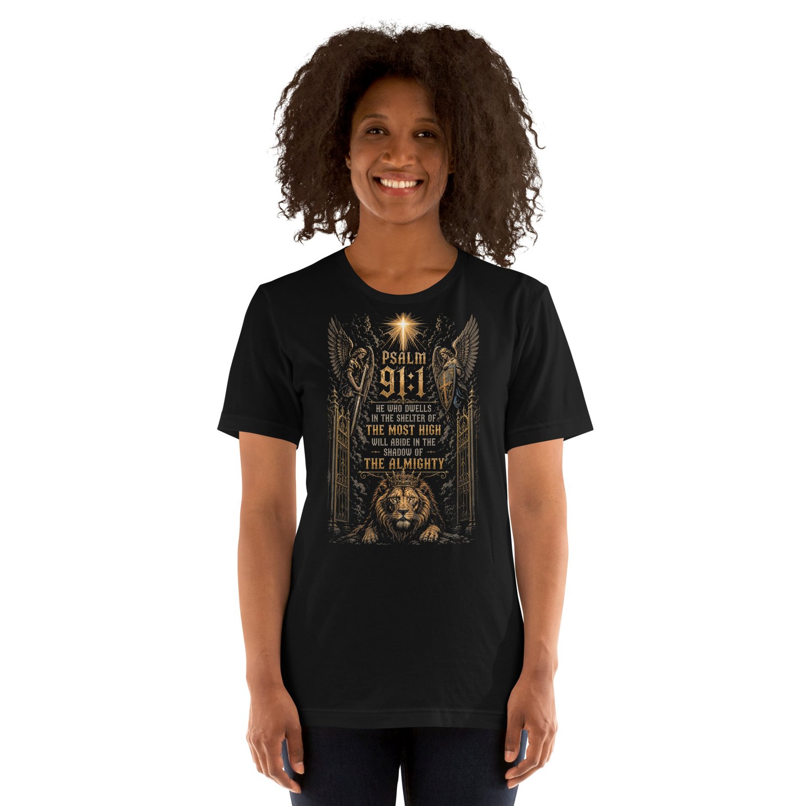Psalm 91 Lion & Angels Christian Black Unisex T-Shirt - Imagen 14