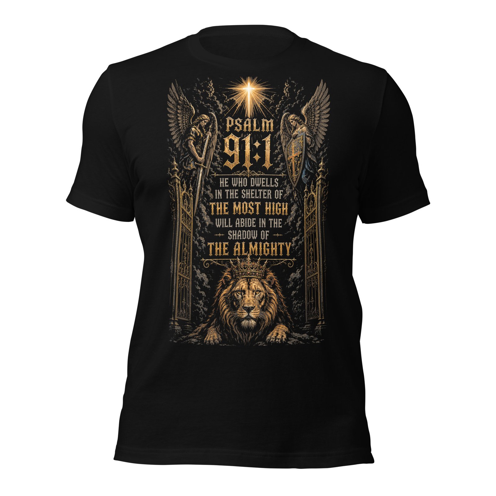 Psalm 91 Lion & Angels Christian Black Unisex T-Shirt - Imagen 2