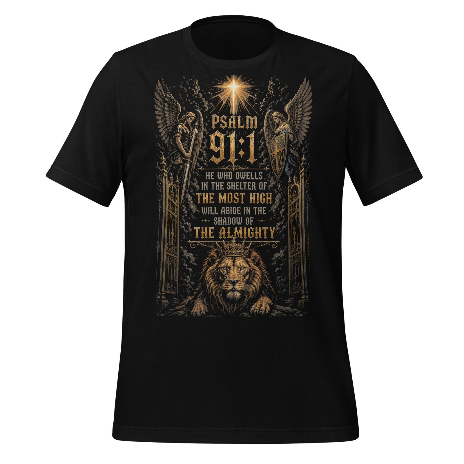 Psalm 91 Lion & Angels Christian Black Unisex T-Shirt - Imagen 5