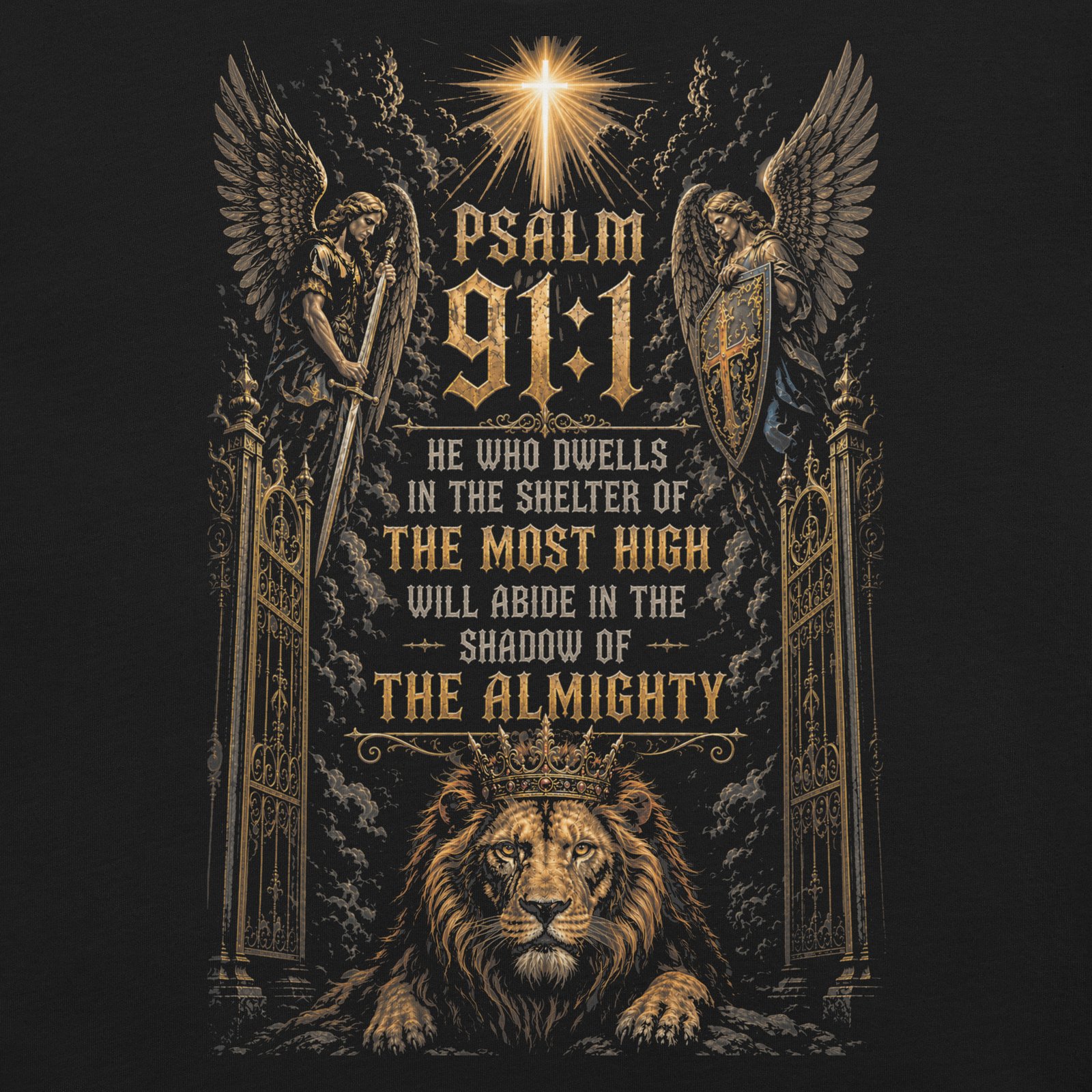 Psalm 91 Lion & Angels Christian Black Unisex T-Shirt - Imagen 30
