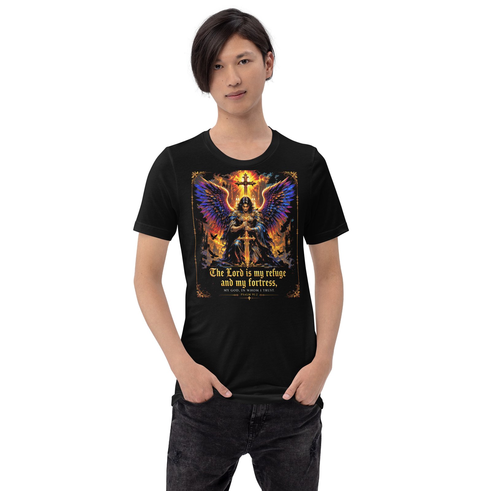 Psalm 91 Guardian Angel Christian Black Unisex T-Shirt - Imagen 11