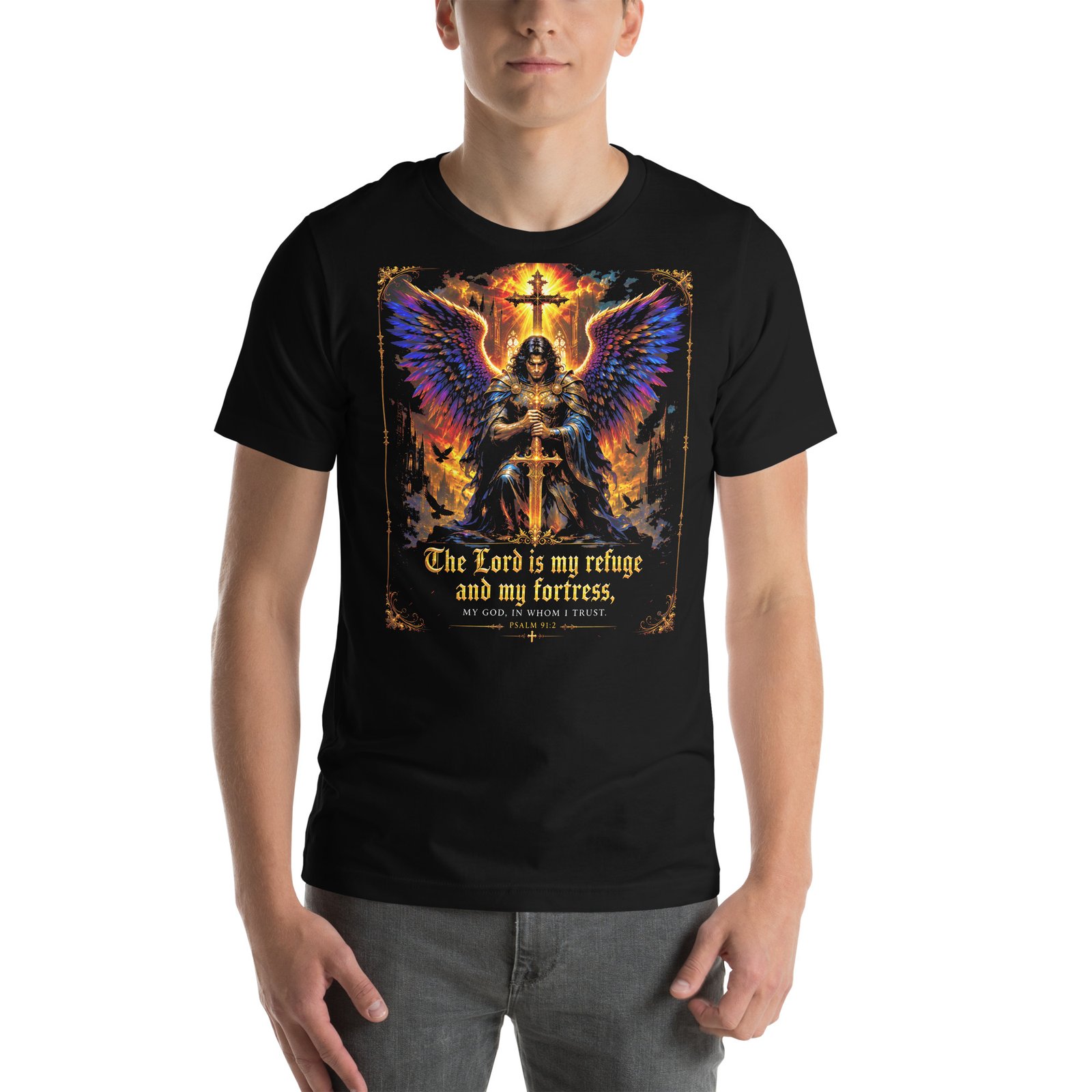 Psalm 91 Guardian Angel Christian Black Unisex T-Shirt - Imagen 9
