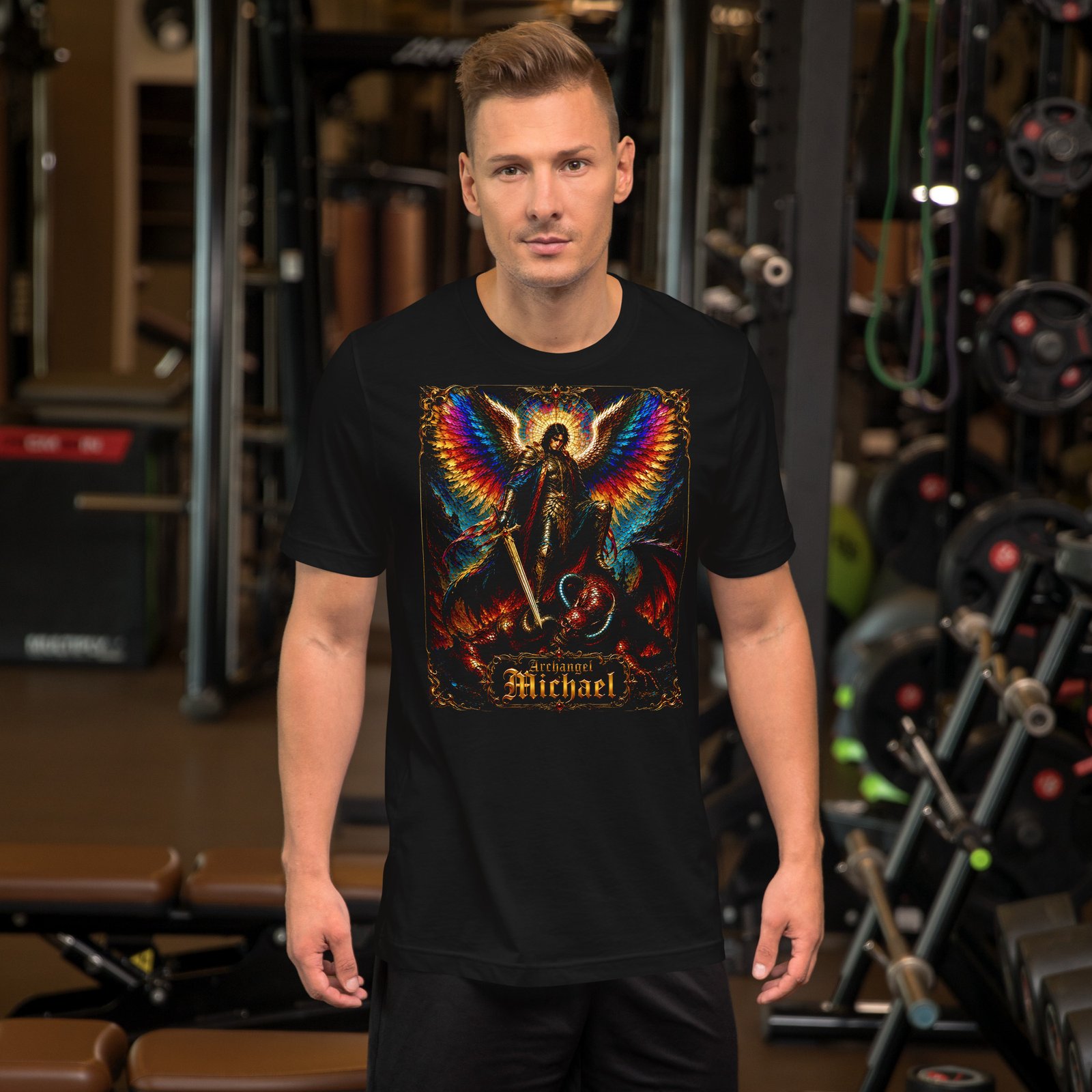 Archangel Michael Defeating Evil Black Unisex T-Shirt - Imagen 16