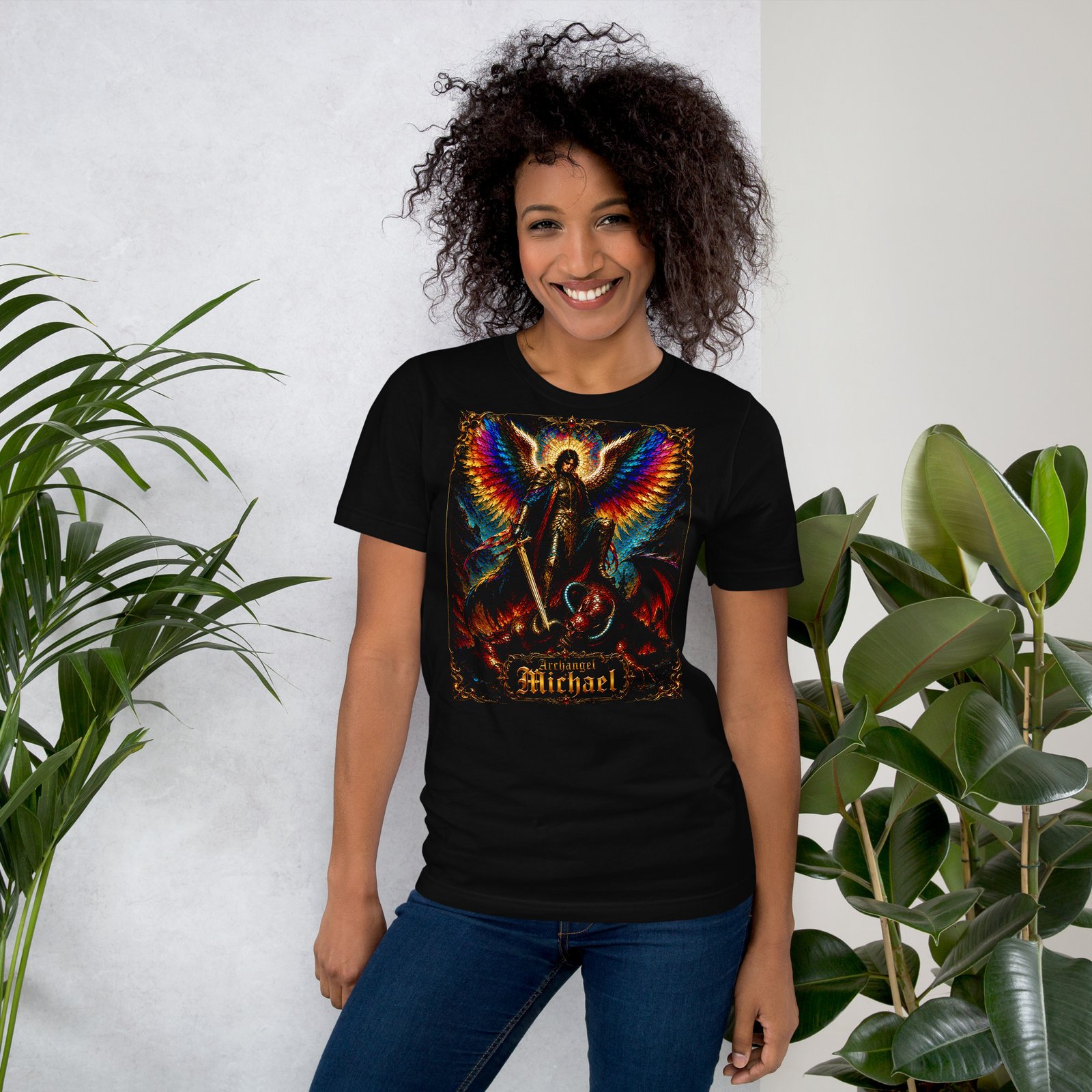 Archangel Michael Defeating Evil Black Unisex T-Shirt - Imagen 20