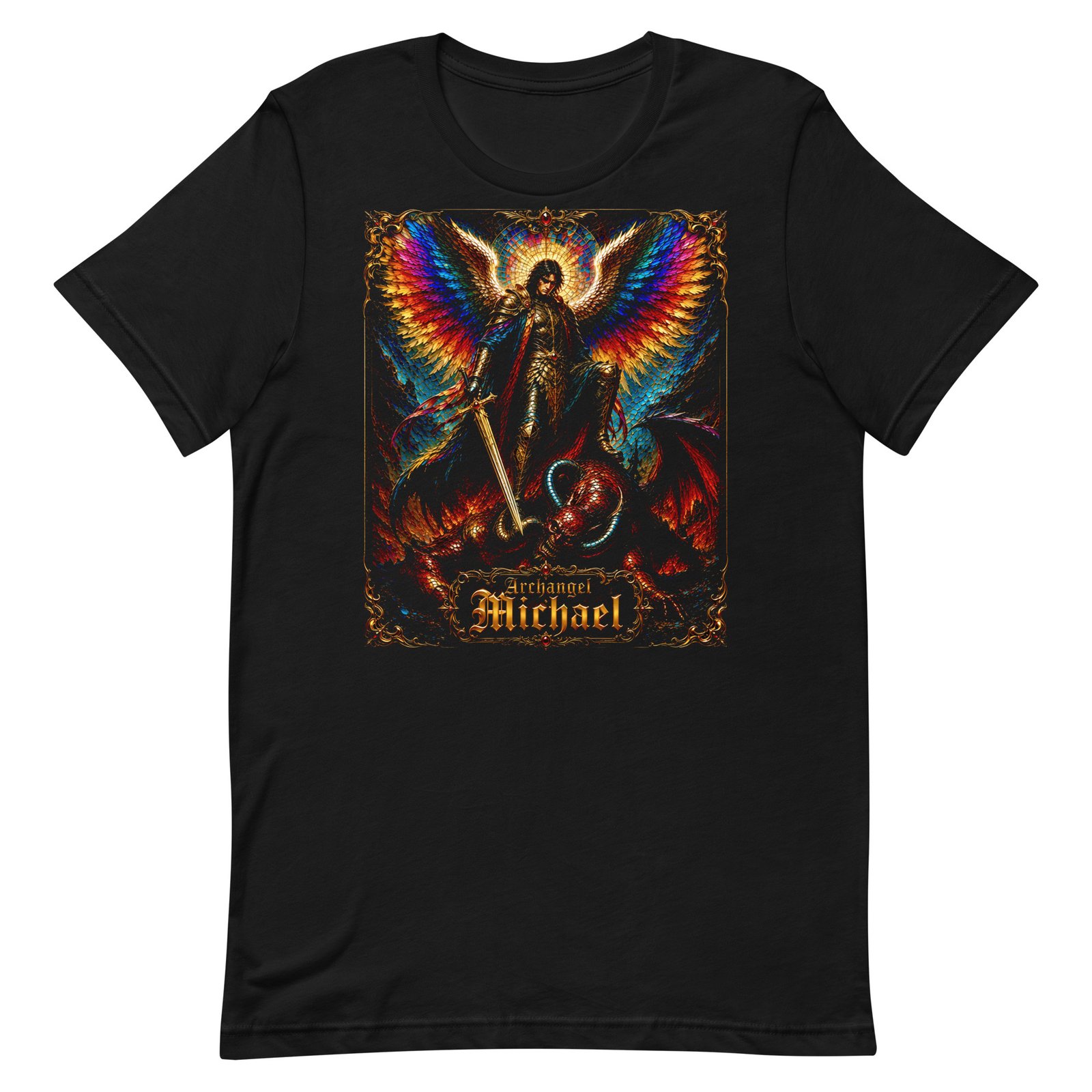 Archangel Michael Defeating Evil Black Unisex T-Shirt - Imagen 6