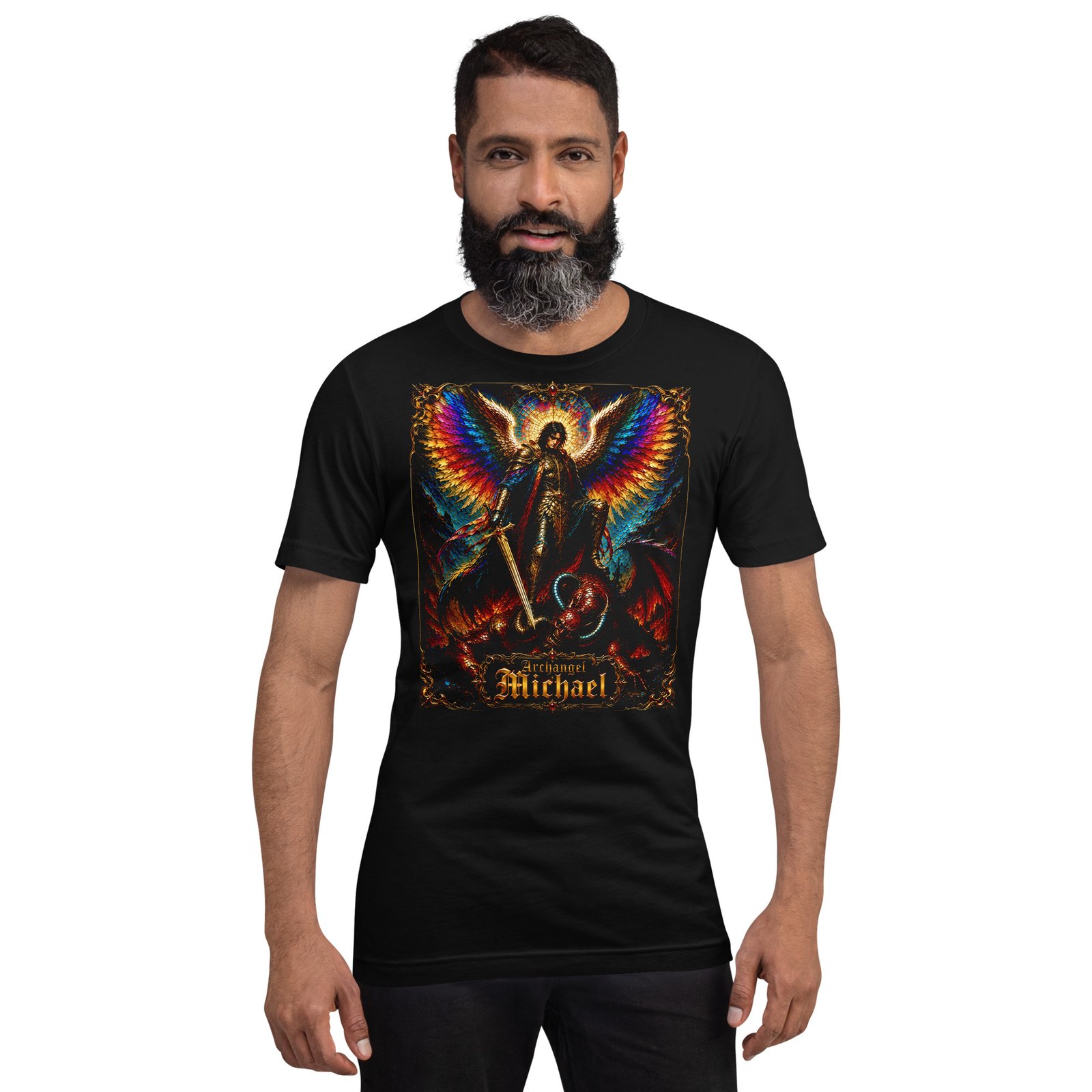 Archangel Michael Defeating Evil Black Unisex T-Shirt - Imagen 8
