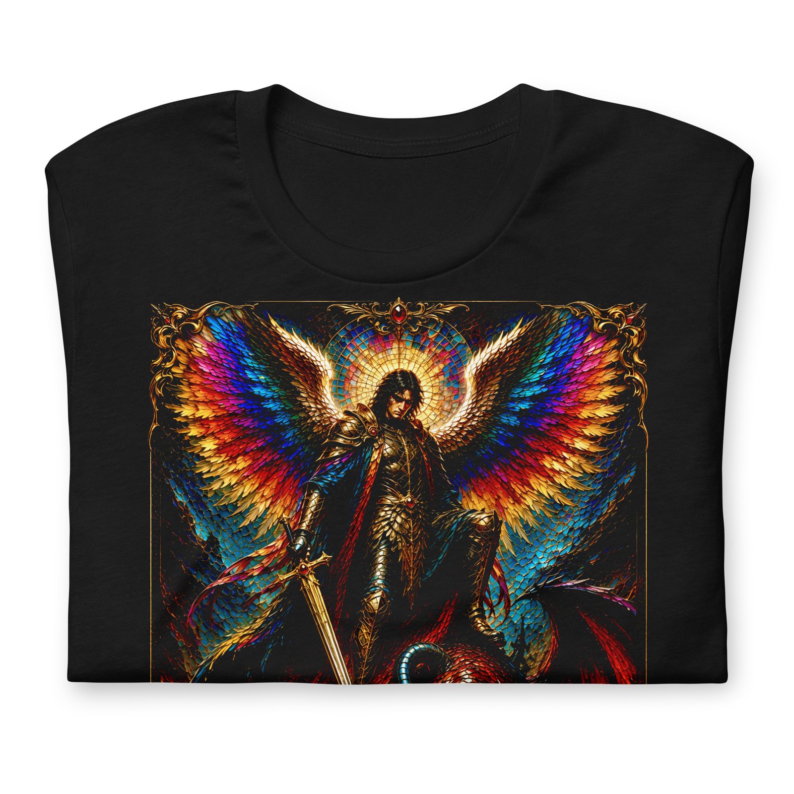 Archangel Michael Defeating Evil Black Unisex T-Shirt - Imagen 14