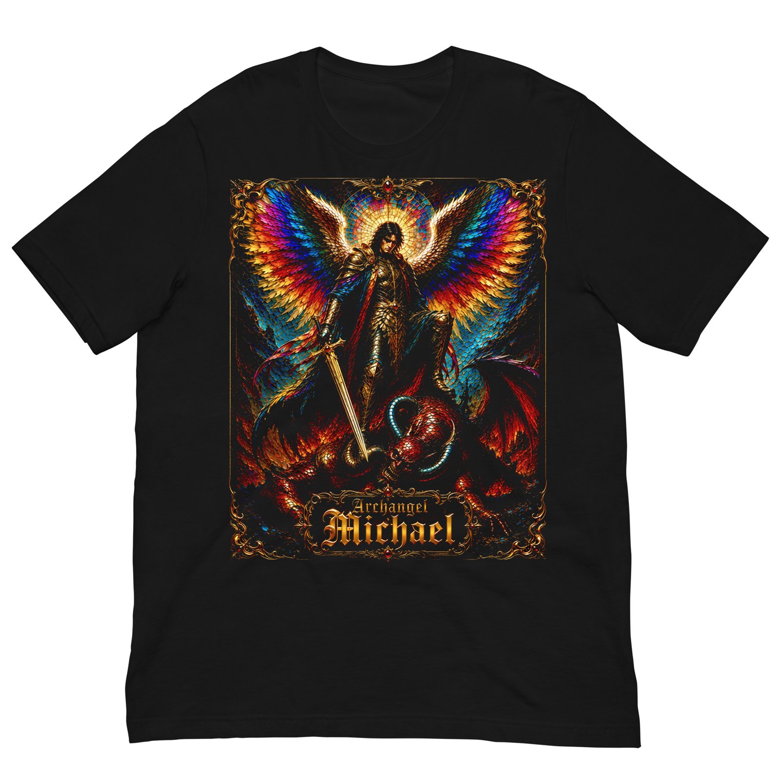 Archangel Michael Defeating Evil Black Unisex T-Shirt - Imagen 7