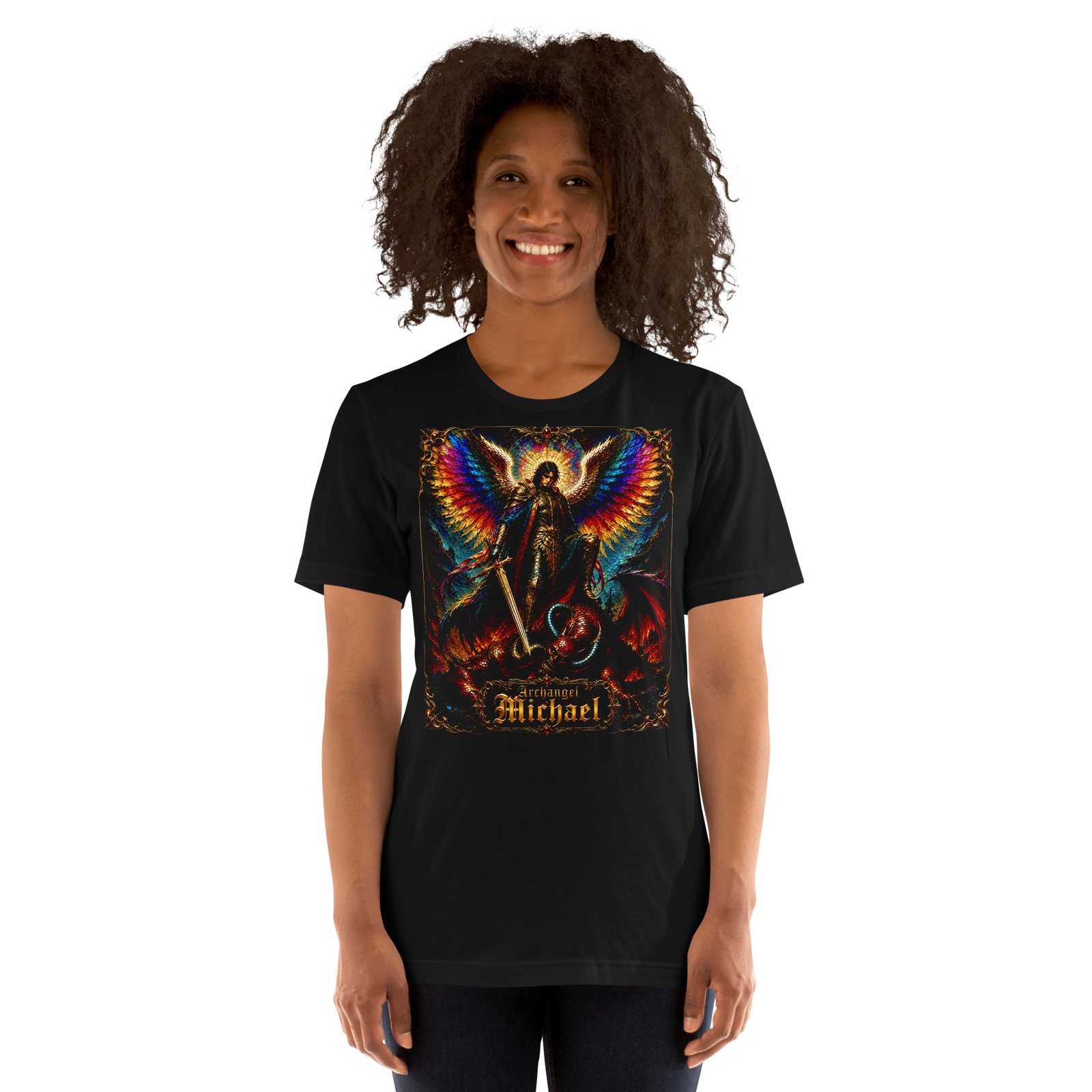 Archangel Michael Defeating Evil Black Unisex T-Shirt - Imagen 10