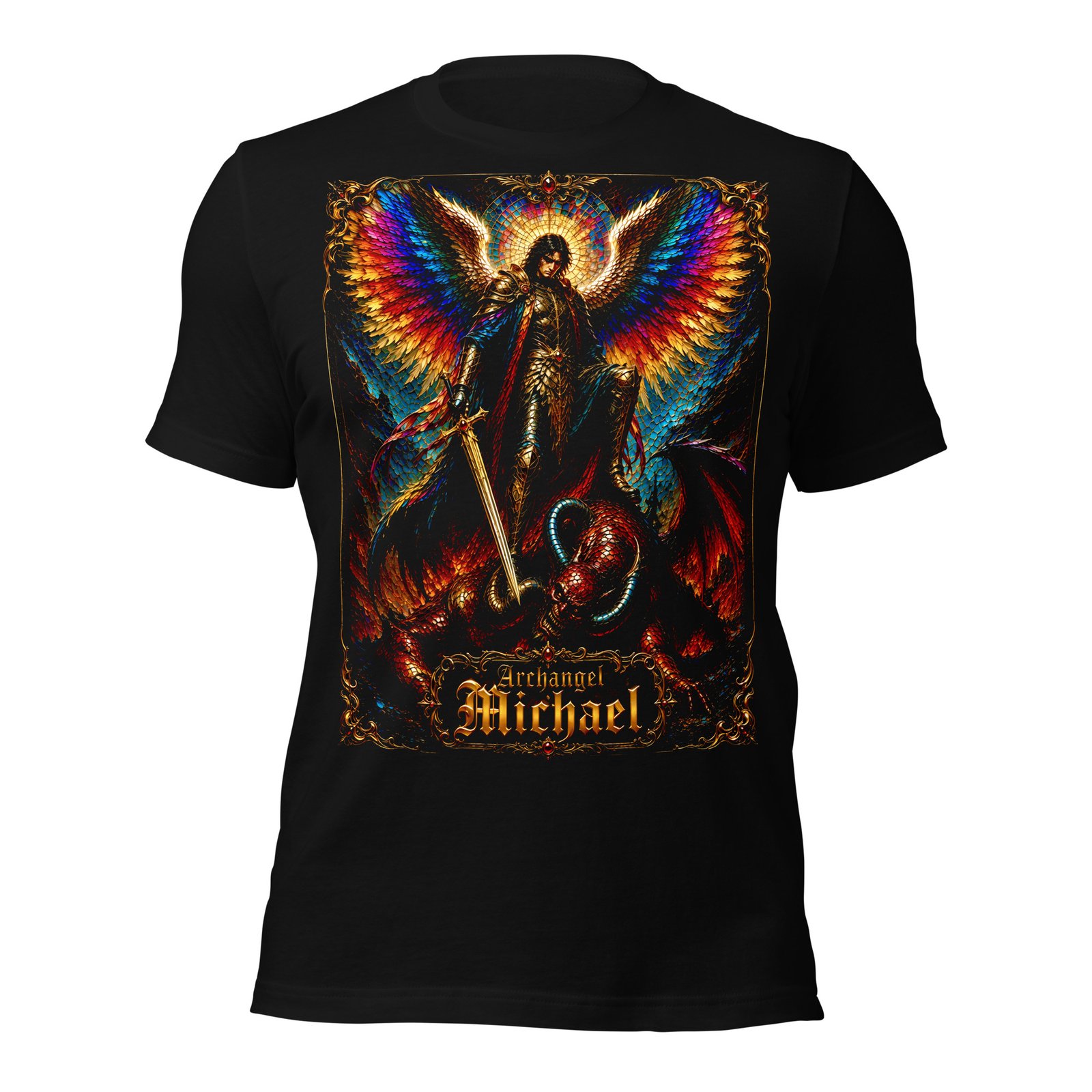 Archangel Michael Defeating Evil Black Unisex T-Shirt - Imagen 2