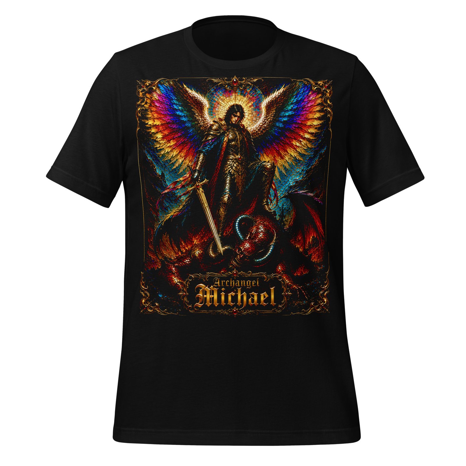 Archangel Michael Defeating Evil Black Unisex T-Shirt - Imagen 5
