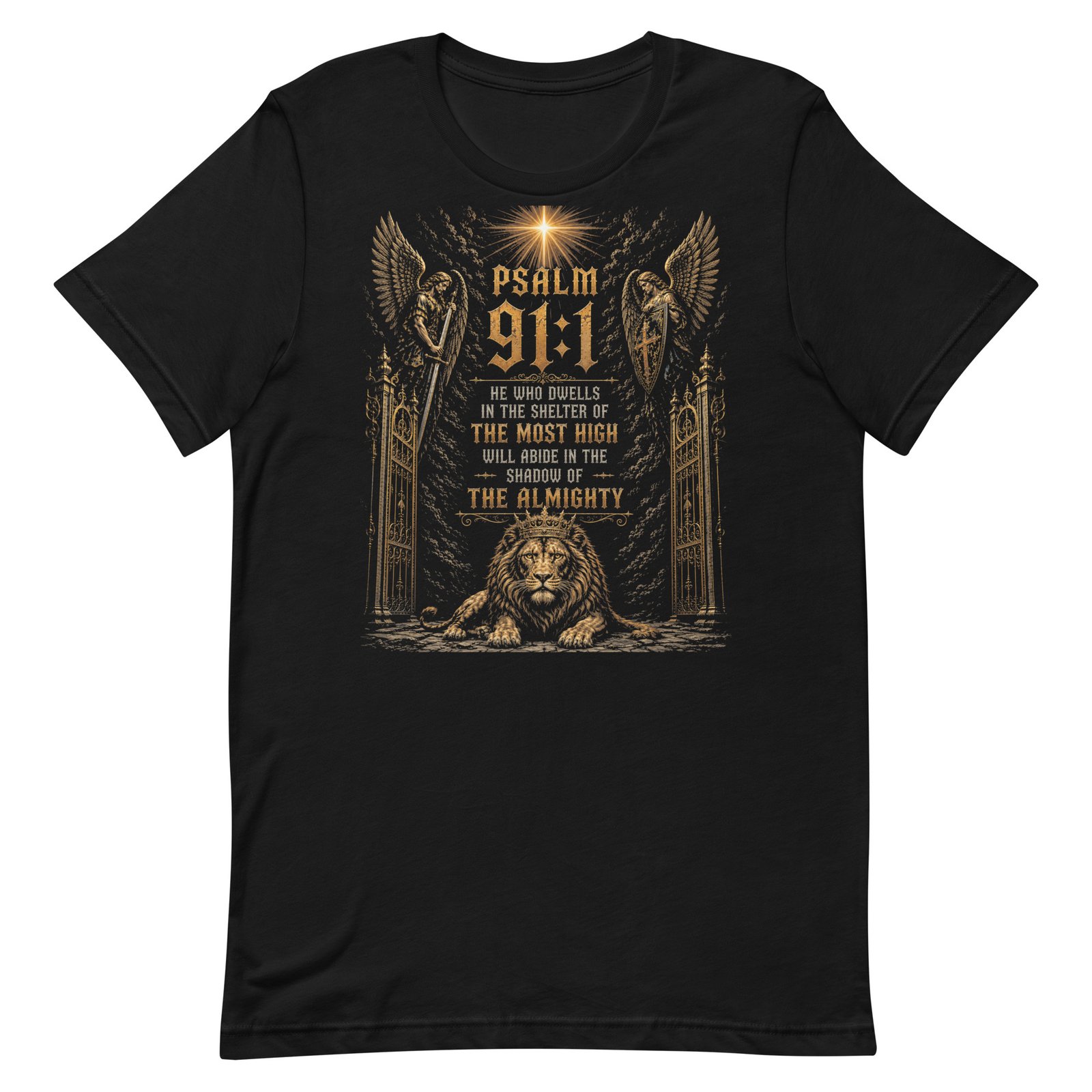 Psalm 91 Guardian Angels & Lion Black Unisex T-Shirt - Imagen 6
