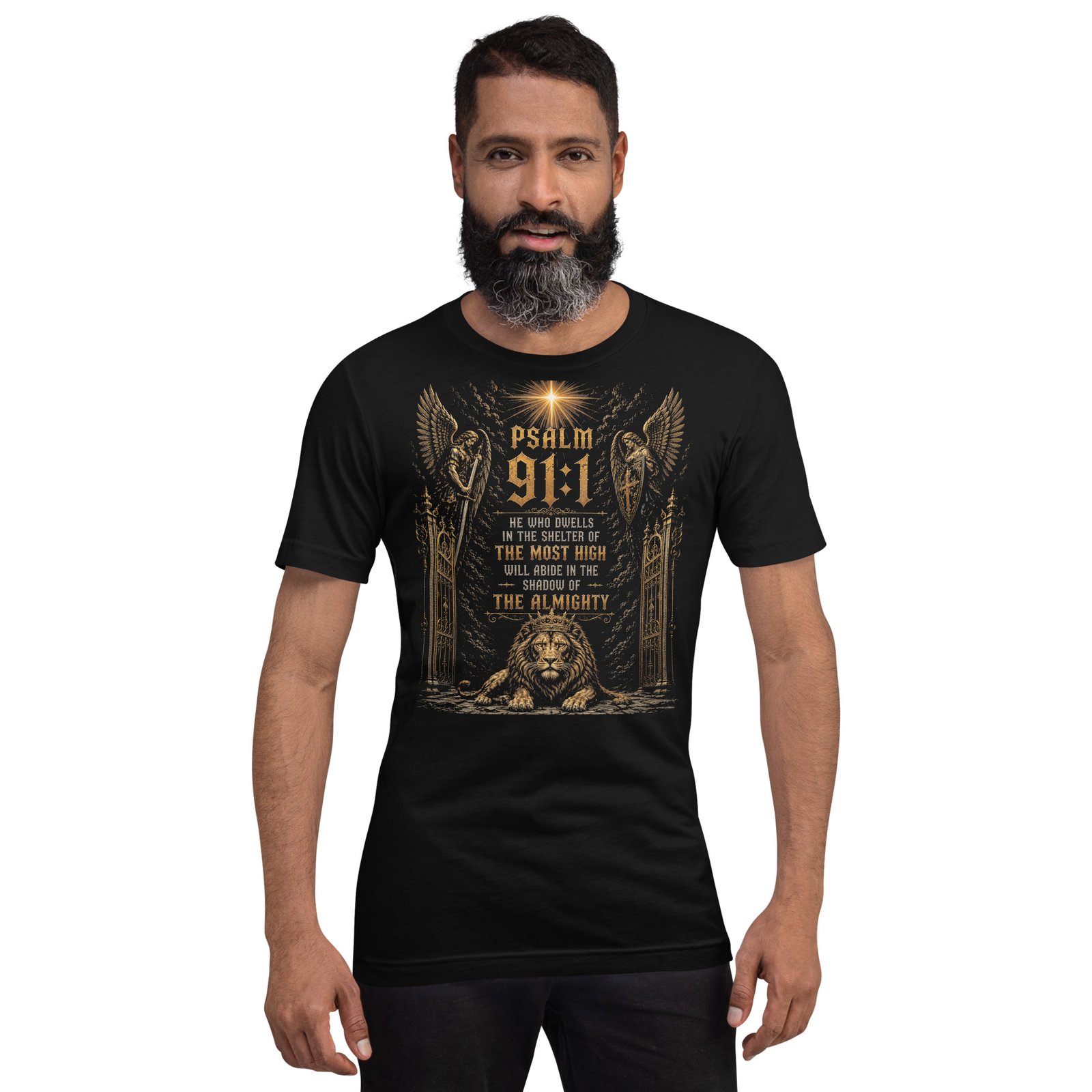 Psalm 91 Guardian Angels & Lion Black Unisex T-Shirt - Imagen 10