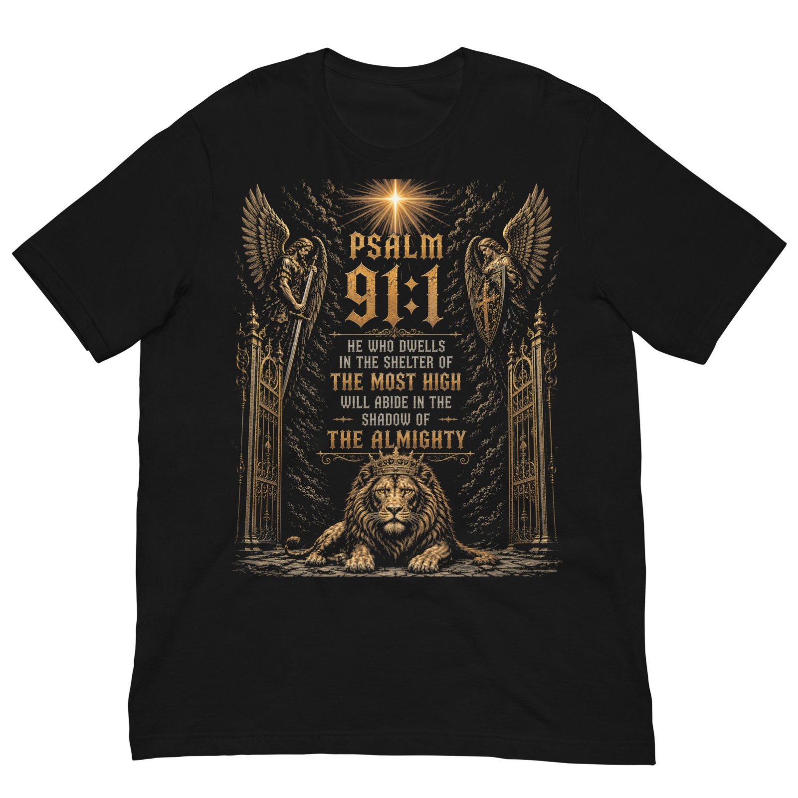 Psalm 91 Guardian Angels & Lion Black Unisex T-Shirt - Imagen 7