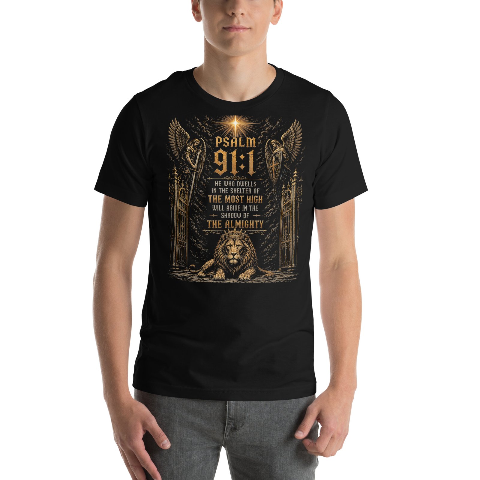 Psalm 91 Guardian Angels & Lion Black Unisex T-Shirt - Imagen 8