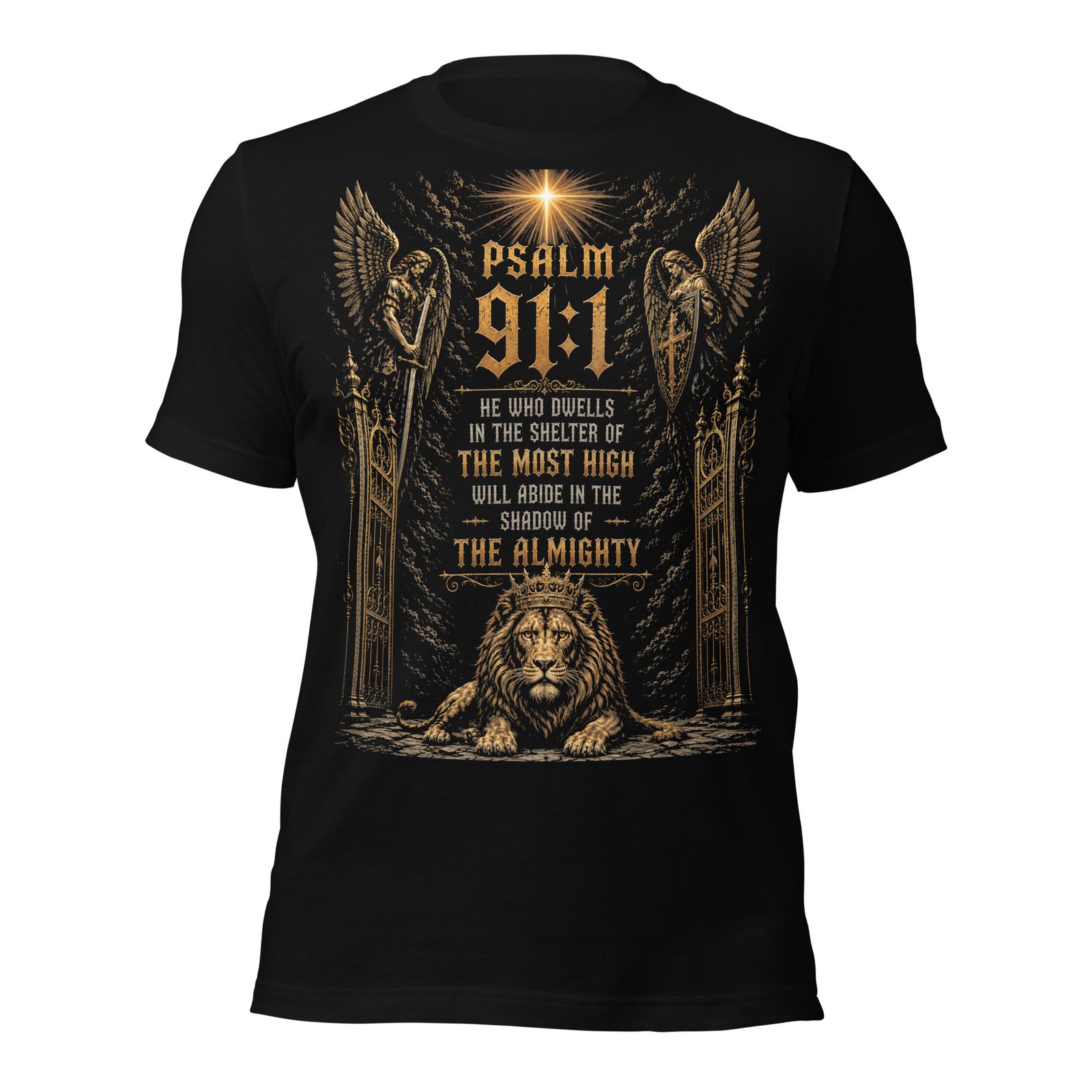 Psalm 91 Guardian Angels & Lion Black Unisex T-Shirt - Imagen 2