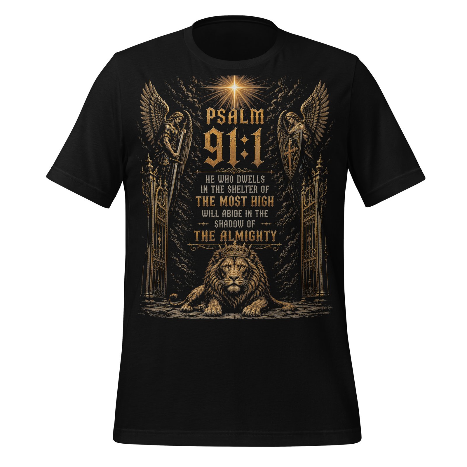 Psalm 91 Guardian Angels & Lion Black Unisex T-Shirt - Imagen 5