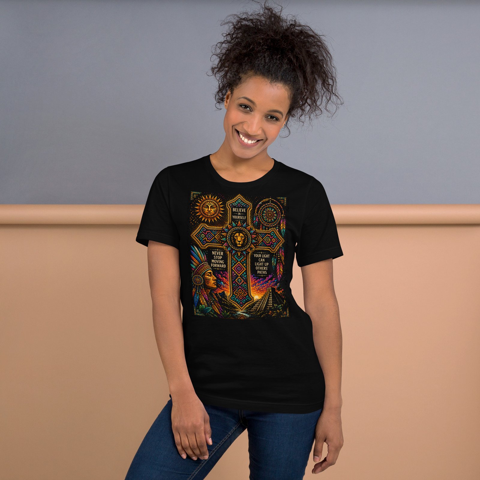 Believe in Yourself Lion Cross Black Unisex T-Shirt - Image 17