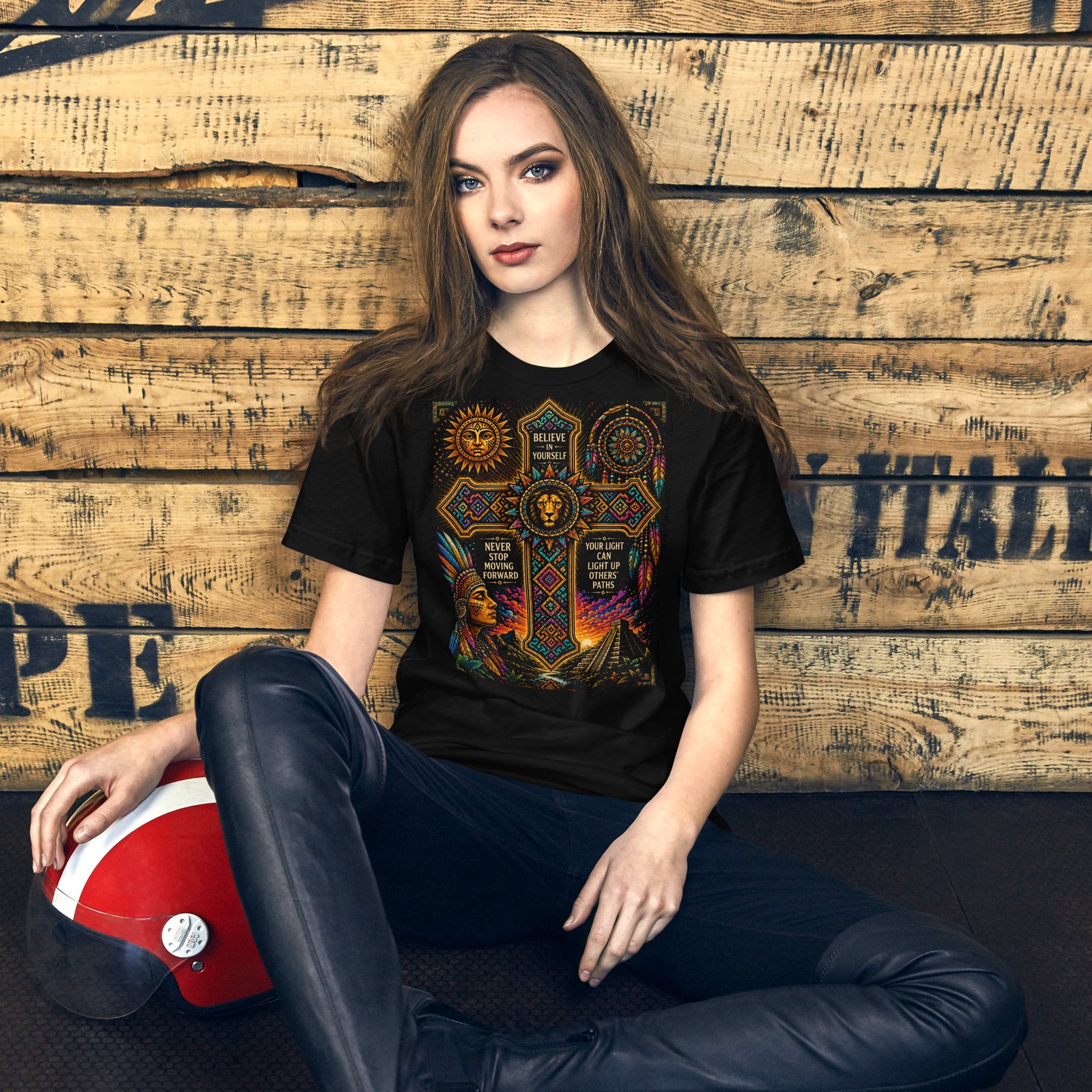 Believe in Yourself Lion Cross Black Unisex T-Shirt - Image 19