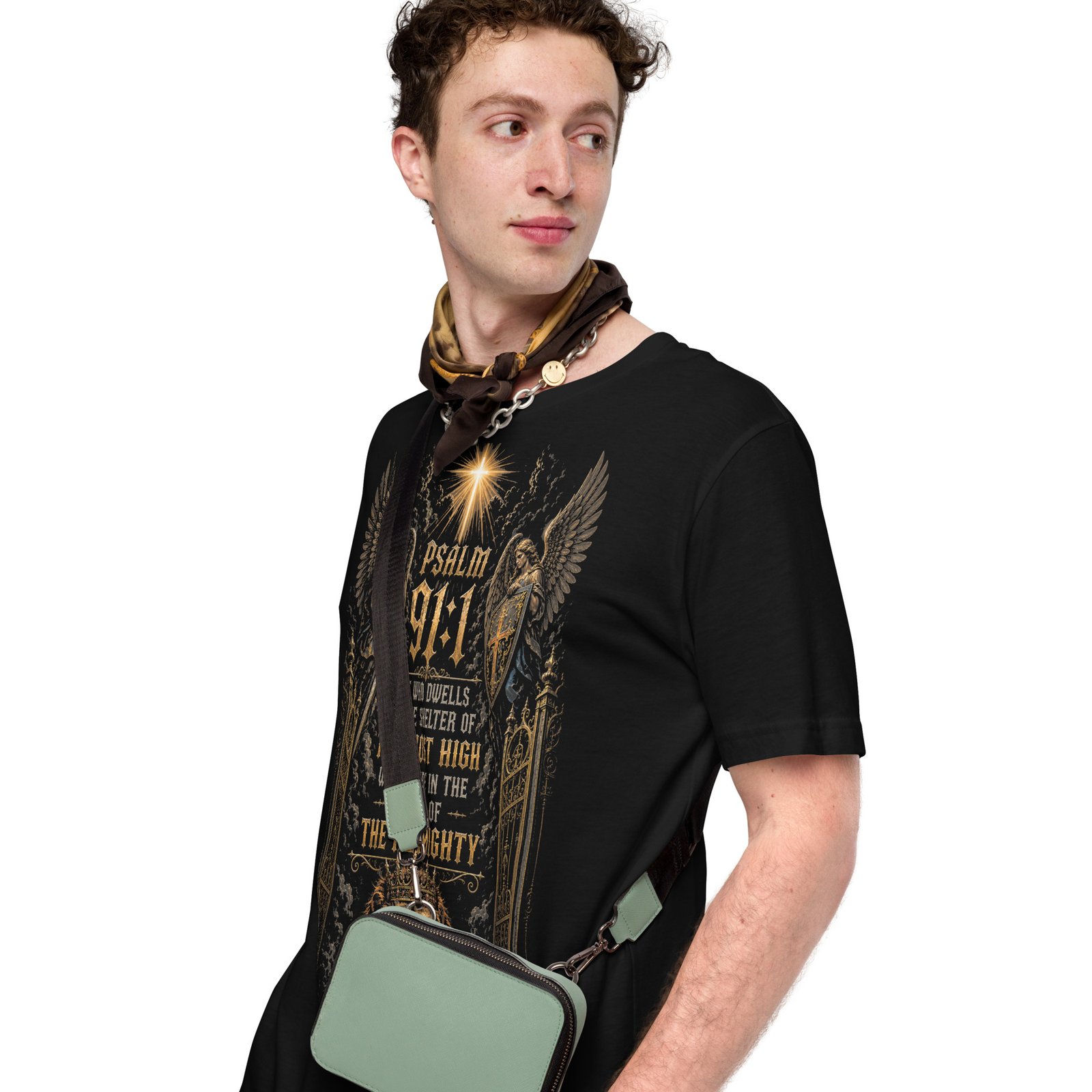 Psalm 91 Lion & Angels Christian Black Unisex T-Shirt - Imagen 22