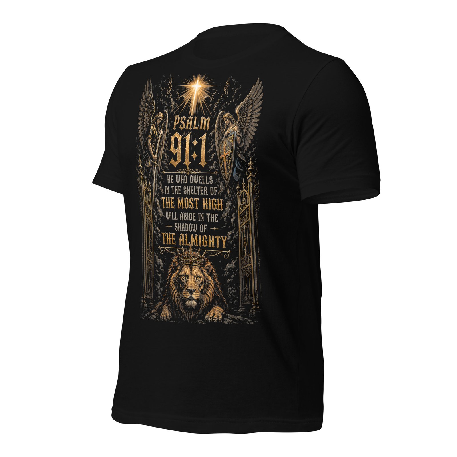 Psalm 91 Lion & Angels Christian Black Unisex T-Shirt - Imagen 3