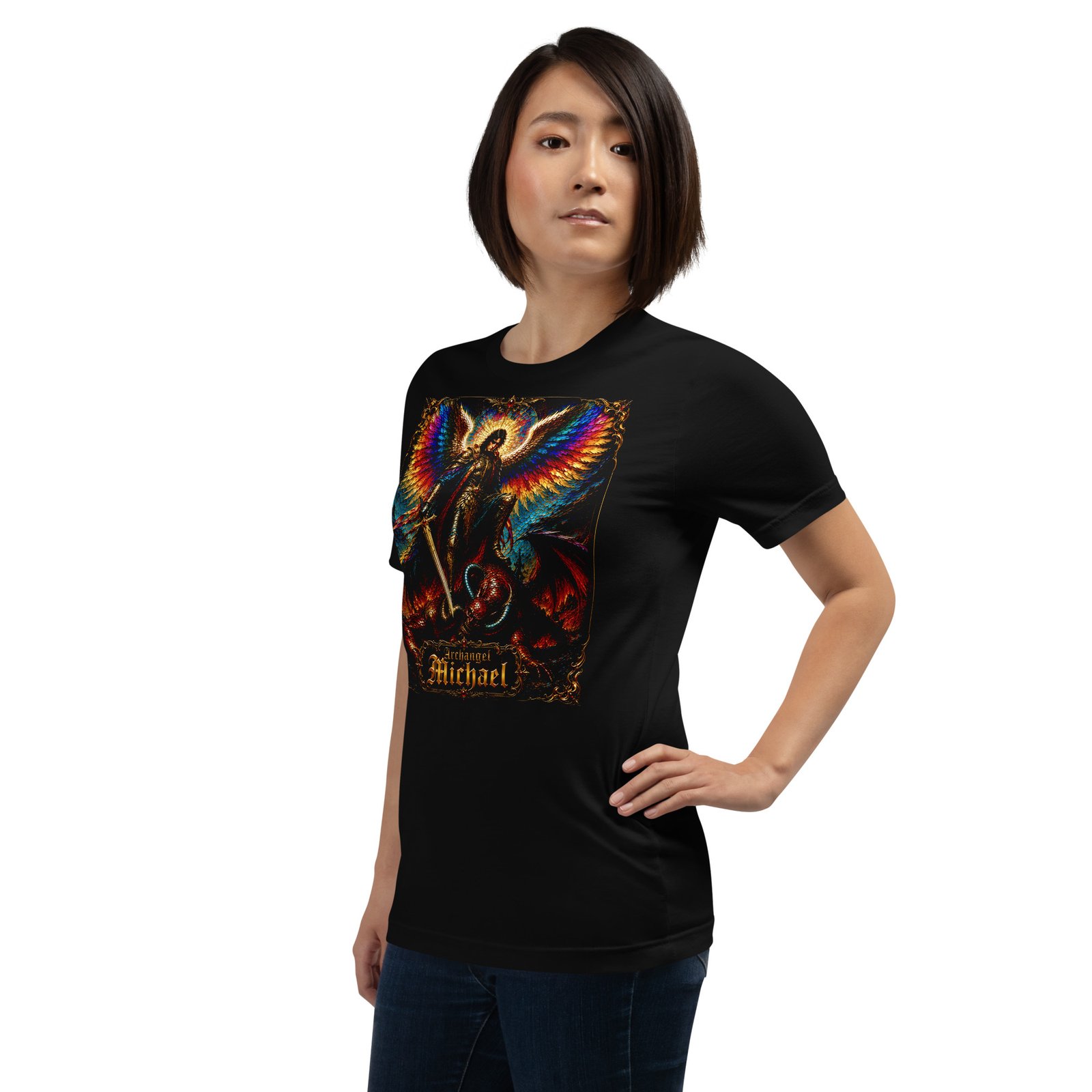 Archangel Michael Defeating Evil Black Unisex T-Shirt - Imagen 12