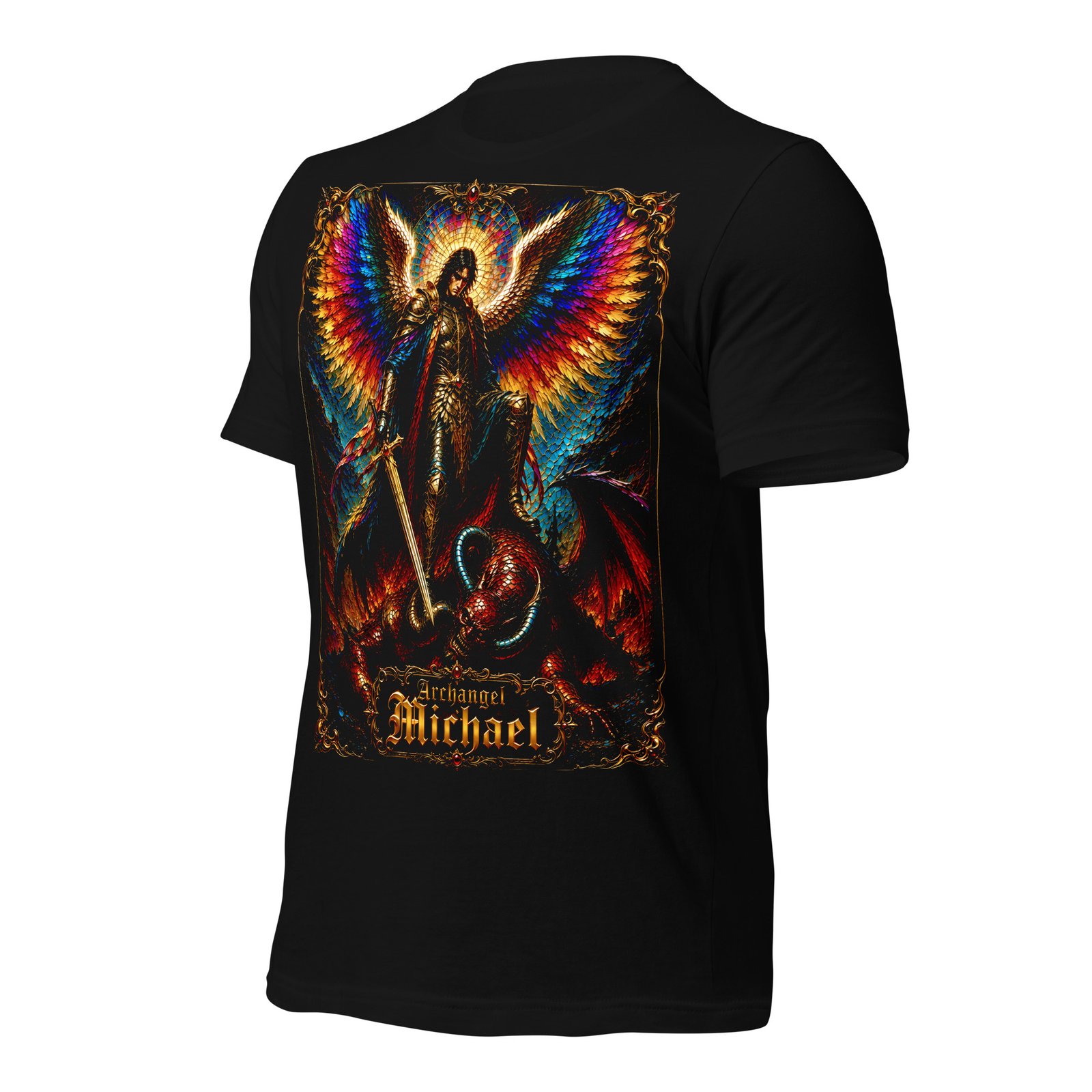 Archangel Michael Defeating Evil Black Unisex T-Shirt - Imagen 3