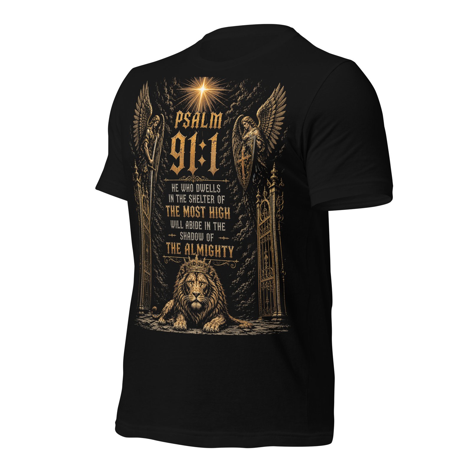 Psalm 91 Guardian Angels & Lion Black Unisex T-Shirt - Imagen 3