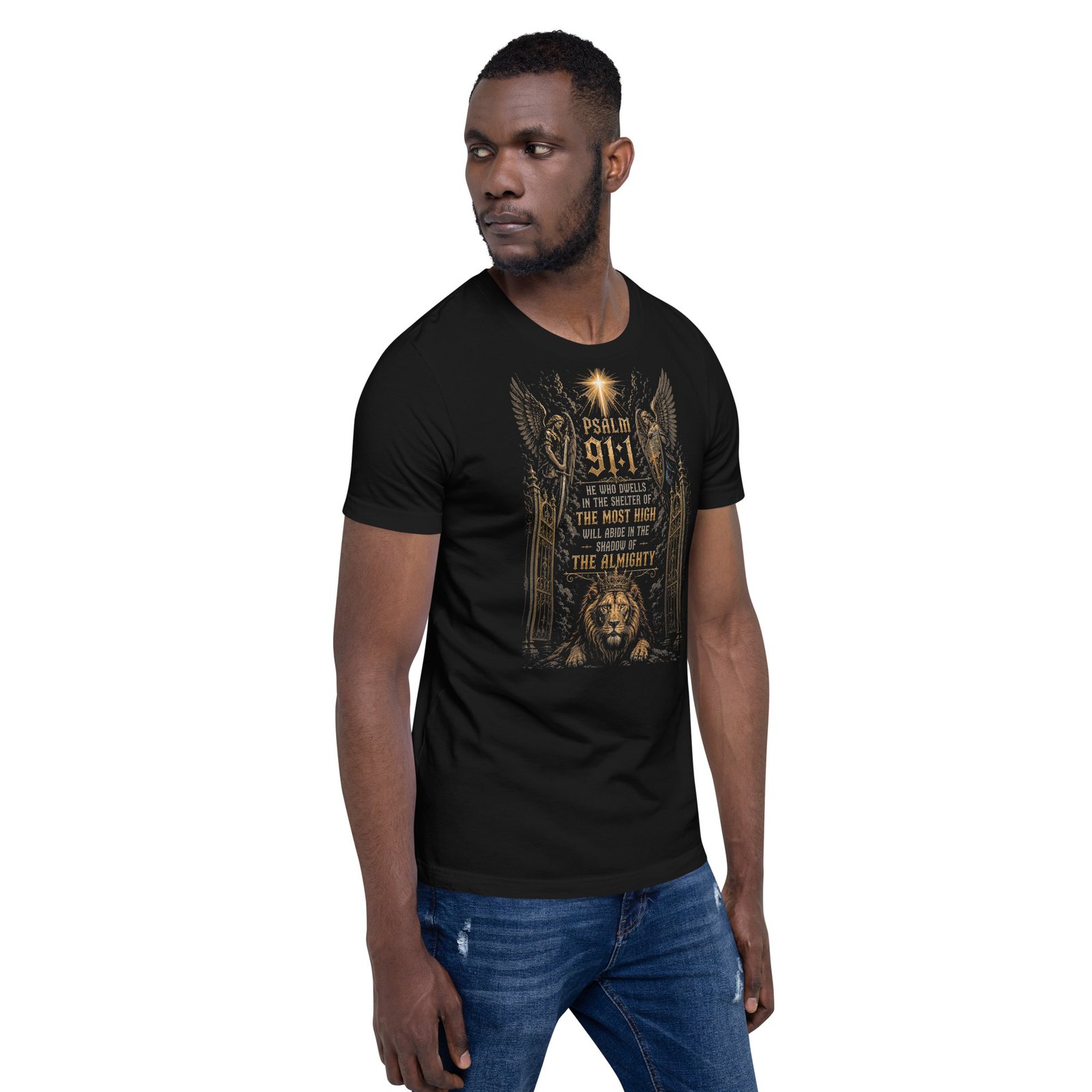 Psalm 91 Lion & Angels Christian Black Unisex T-Shirt - Imagen 9