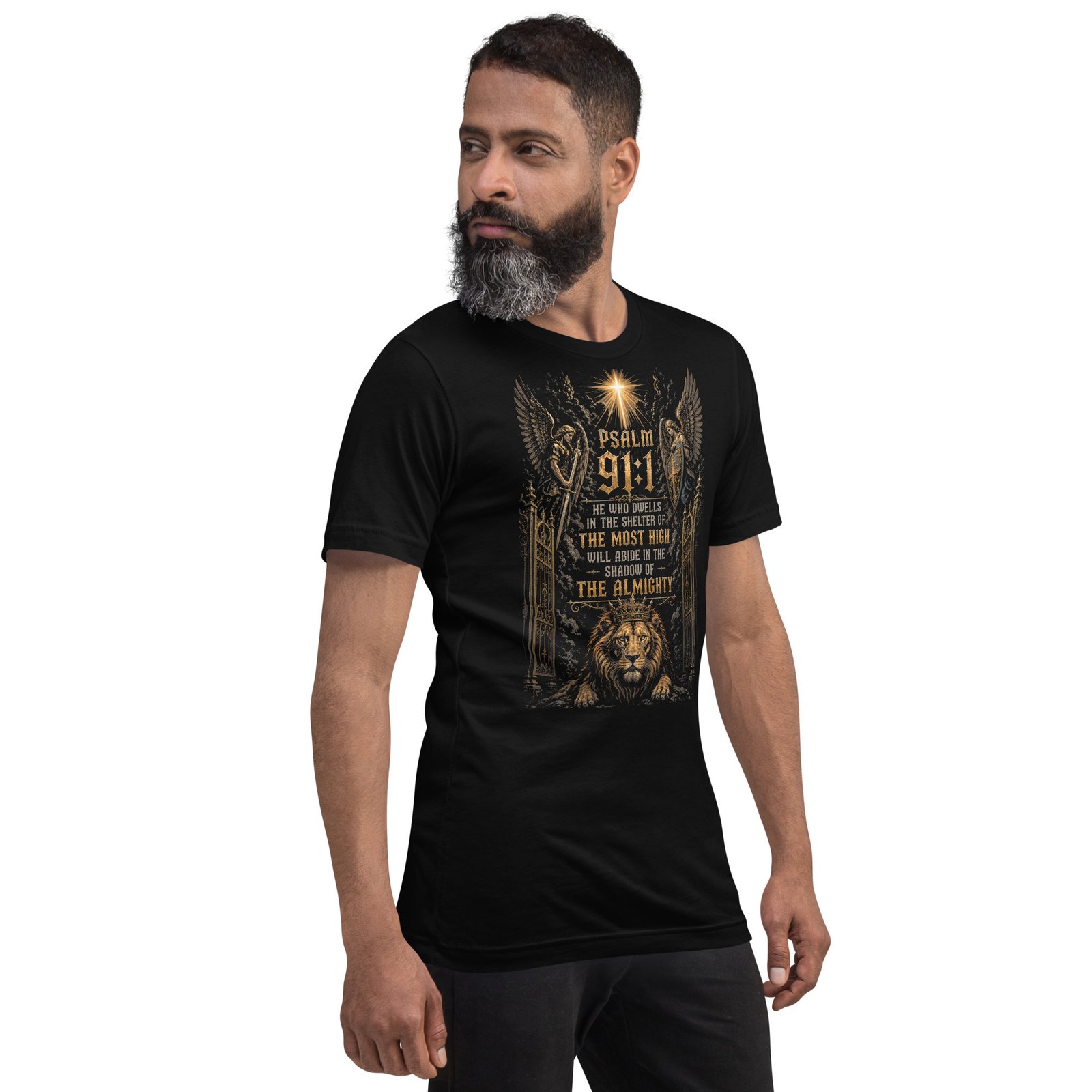 Psalm 91 Lion & Angels Christian Black Unisex T-Shirt - Imagen 12