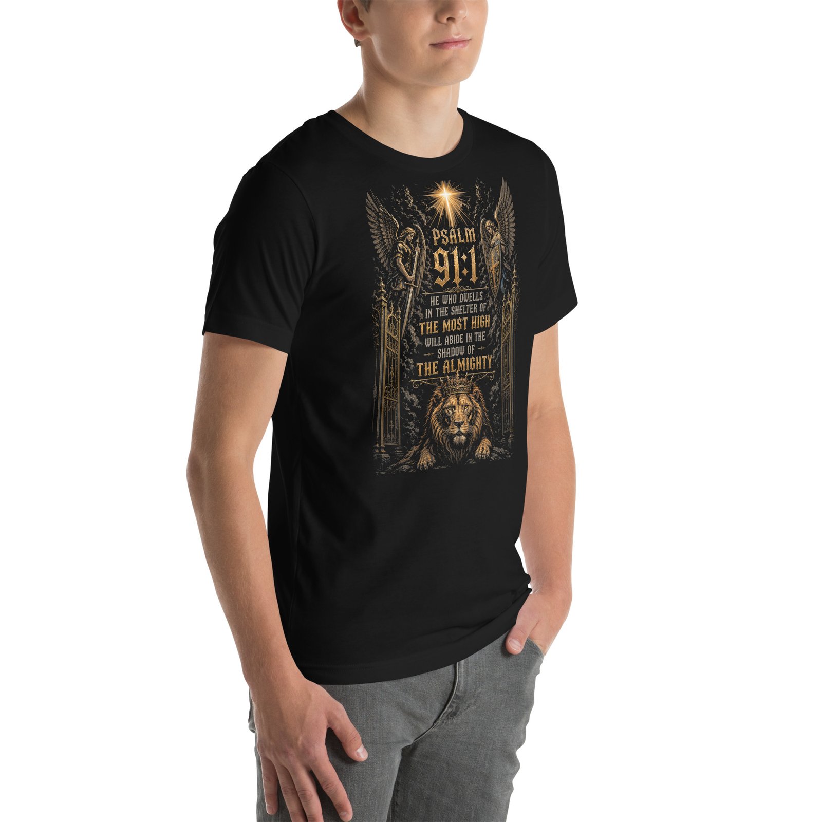 Psalm 91 Lion & Angels Christian Black Unisex T-Shirt - Imagen 8