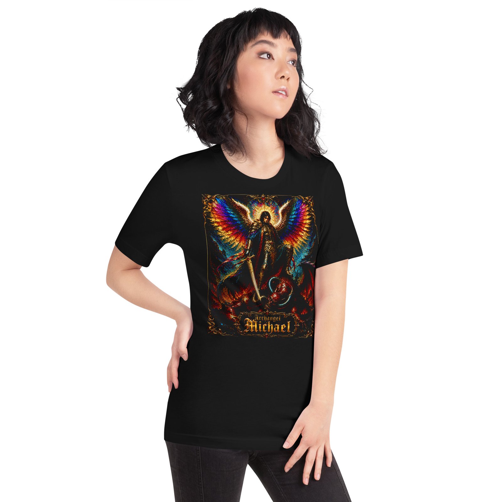 Archangel Michael Defeating Evil Black Unisex T-Shirt - Imagen 11