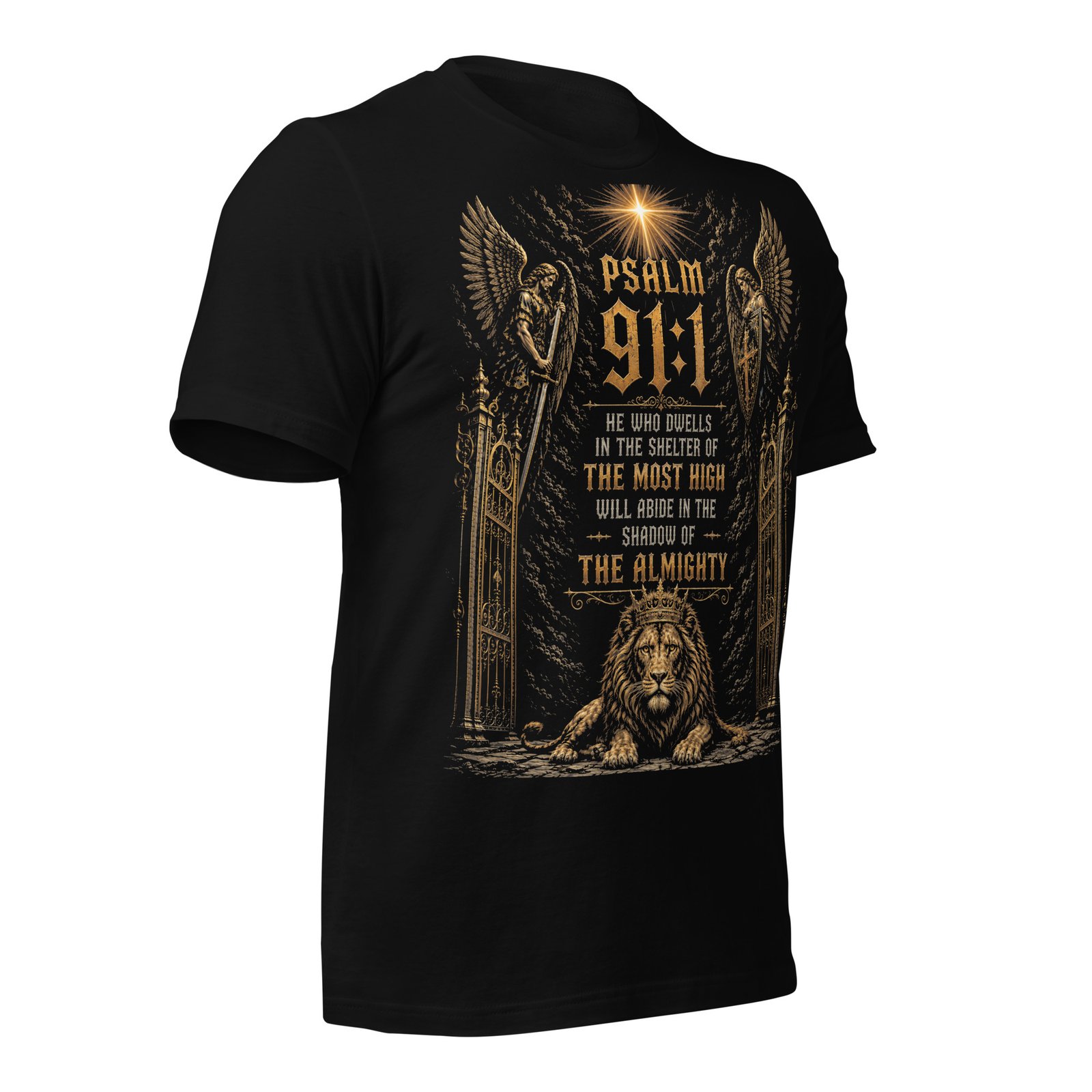 Psalm 91 Guardian Angels & Lion Black Unisex T-Shirt - Imagen 4