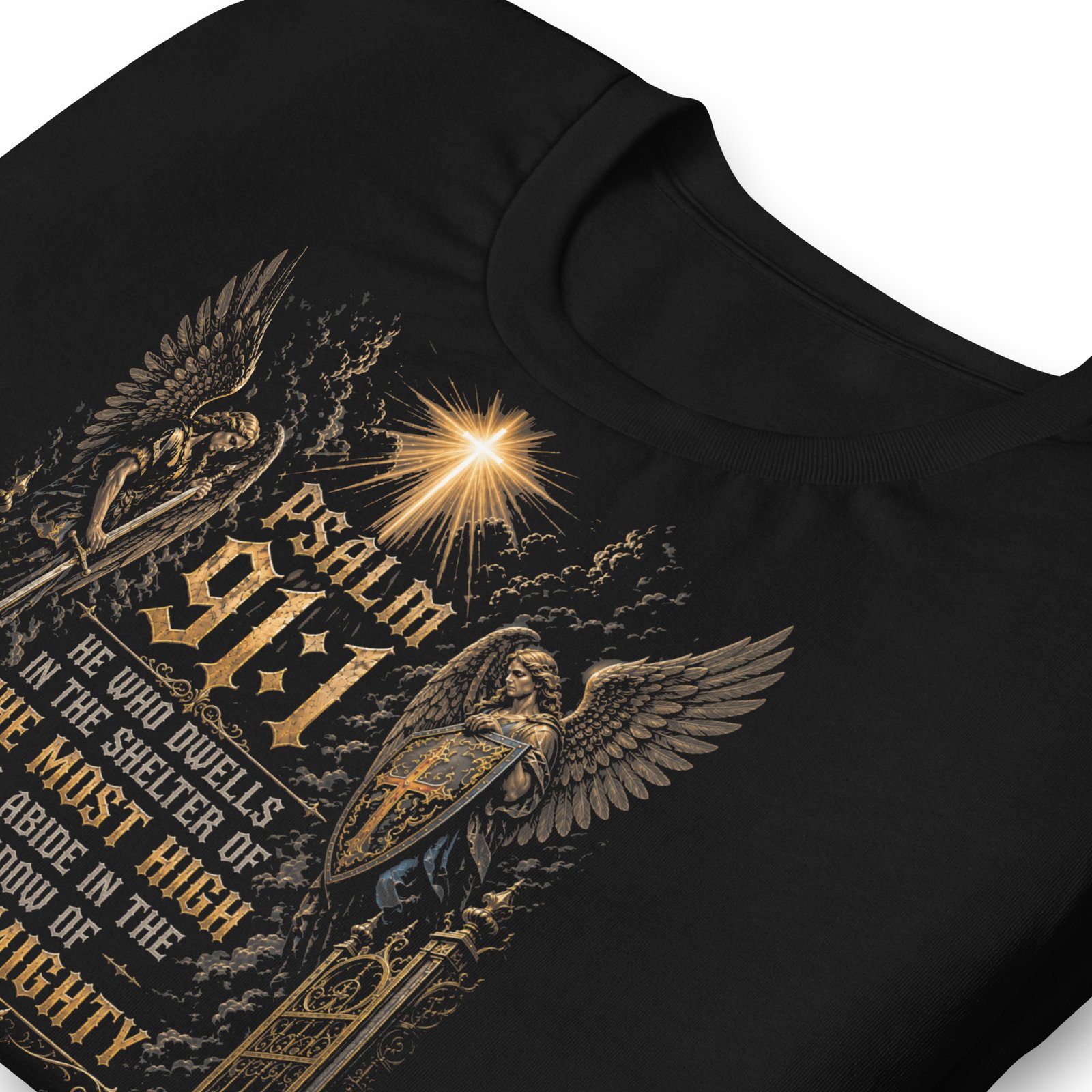 Psalm 91 Lion & Angels Christian Black Unisex T-Shirt - Imagen 20